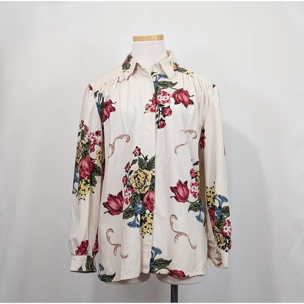 Vintage 90s Blouse Silk Top Shirt Cream Floral Print Women's Size S